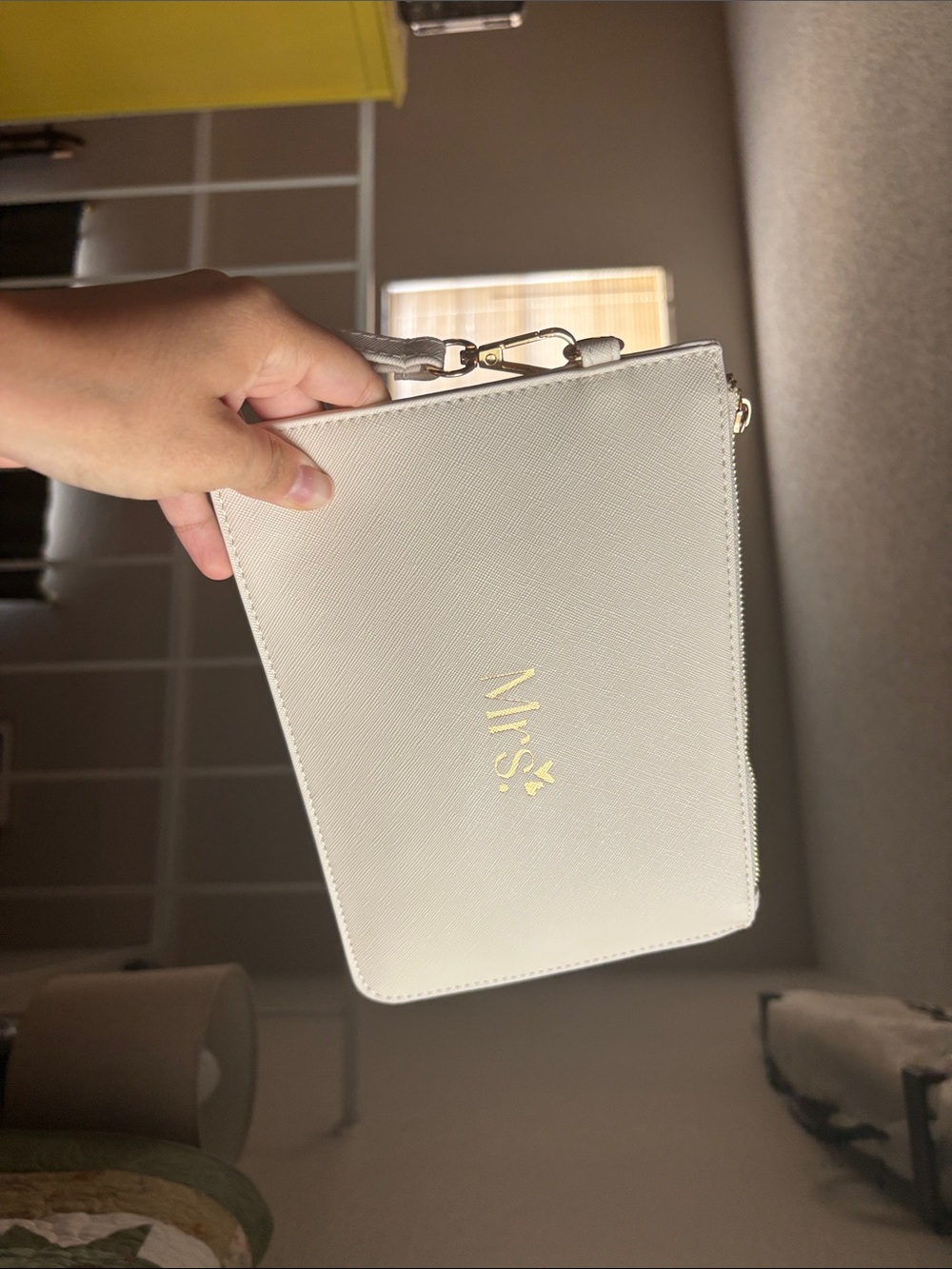 Mrs. White Wristlet Clutch Bag with Gold Logo